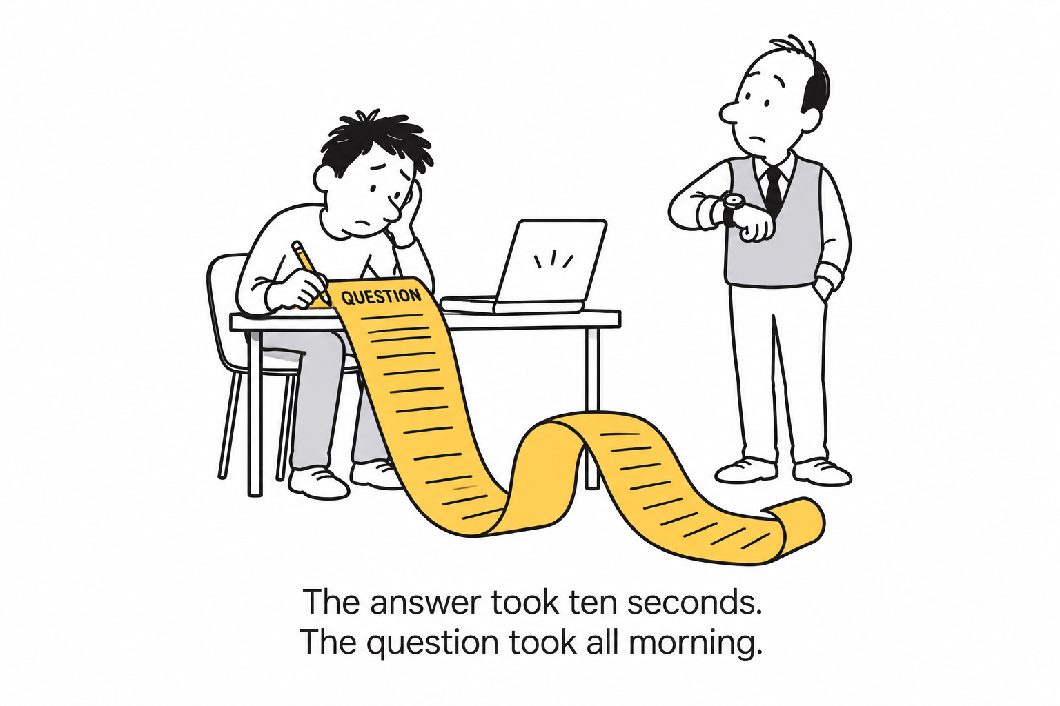 A marketer writes a long question while a colleague waits. Caption: The answer took ten seconds. The question took all morning.