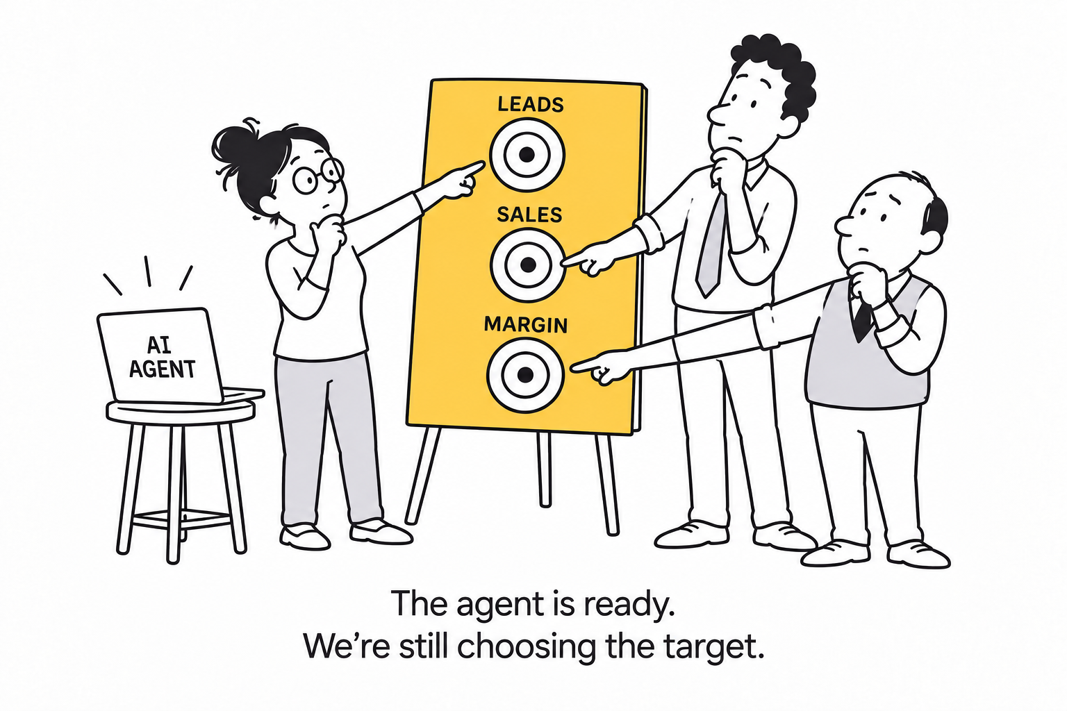 An AI agent waits as three people point at different targets: leads, sales, and margin. Caption: The agent is ready. We’re still choosing the target.