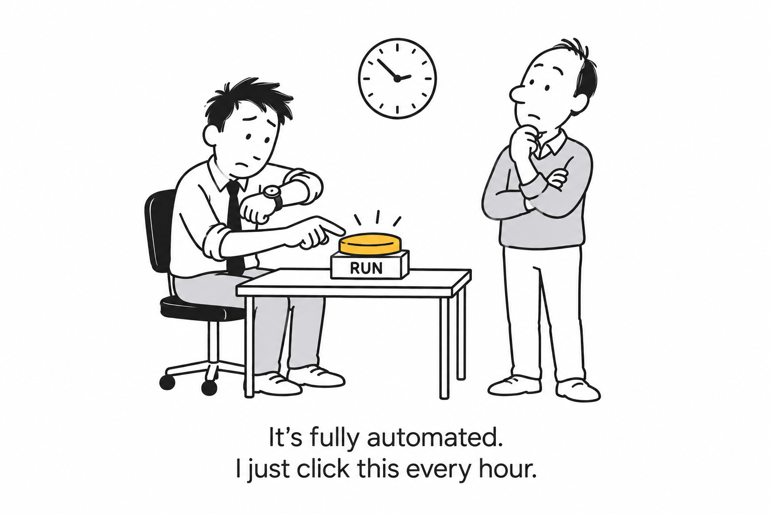 A marketer watches the clock and presses a run button. Caption: It’s fully automated. I just click this every hour.