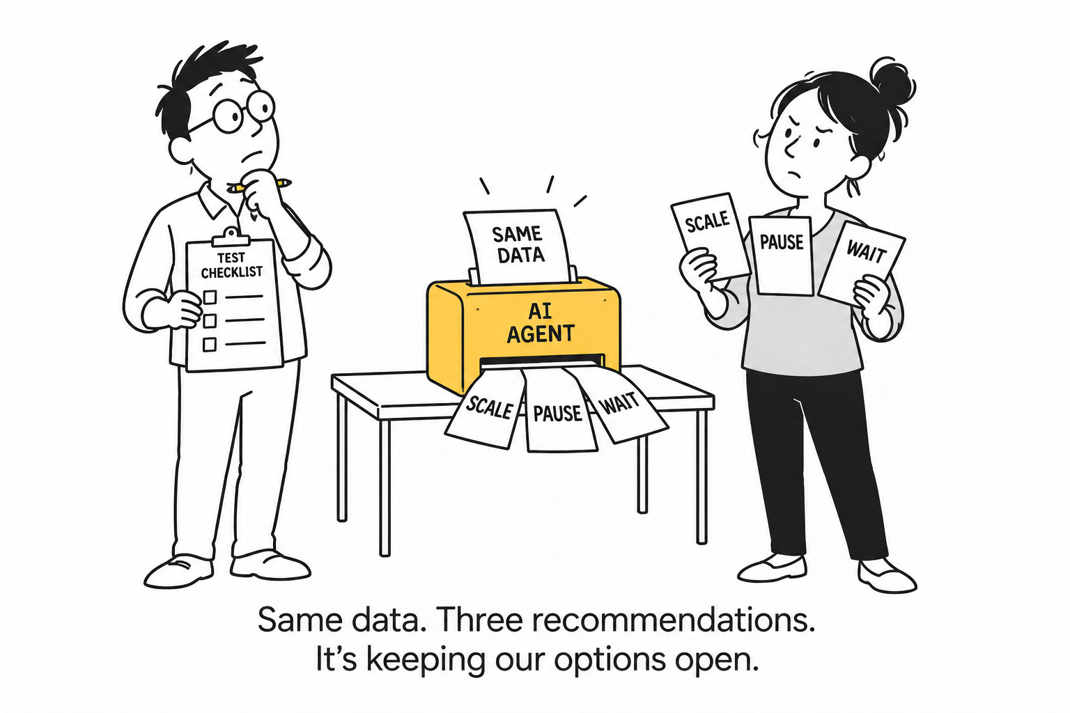 An agent receives the same data and produces scale, pause, and wait recommendations. Caption: Same data. Three recommendations. It’s keeping our options open.
