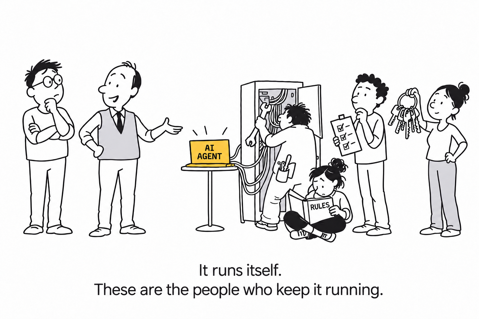An AI agent is connected to equipment maintained by a team checking rules, data, and access. Caption: It runs itself. These are the people who keep it running.